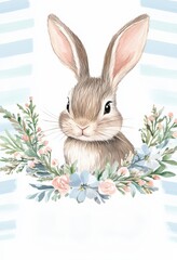 Obraz premium Cute rabbit surrounded by flowers on a light blue striped background in a whimsical setting
