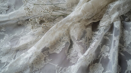Obraz premium Delicate lace fabric with soft floral accents, beautifully draped and complemented by small white flowers, creating elegant and romantic atmosphere