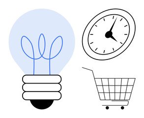 Light bulb symbolizing creativity clock representing time management and shopping cart reflecting retail. Ideal for productivity business innovation time marketing and retail. Simple vector style