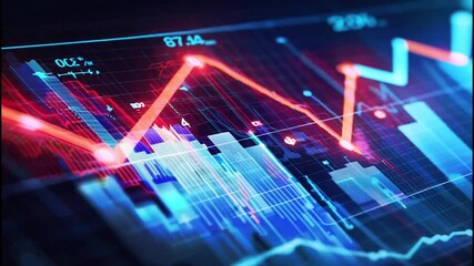 A digital display depicting a red graph line with a downward trend amidst a background of blue data and graphs