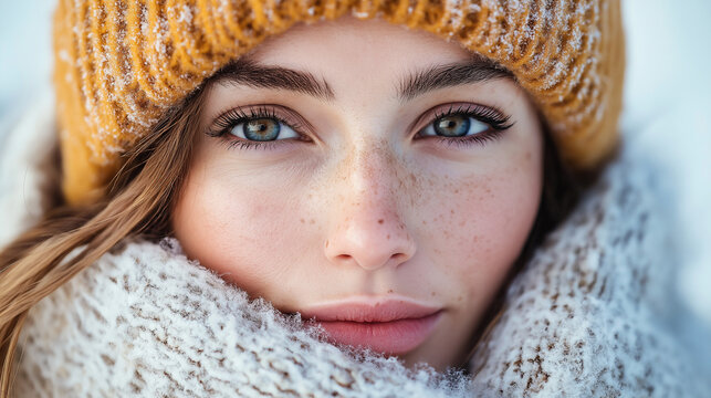 Frau Gesicht im Winter mit Schal im Gesicht und Winterm&uuml;tze vor K&auml;lte sch&uuml;tzen Generative AI