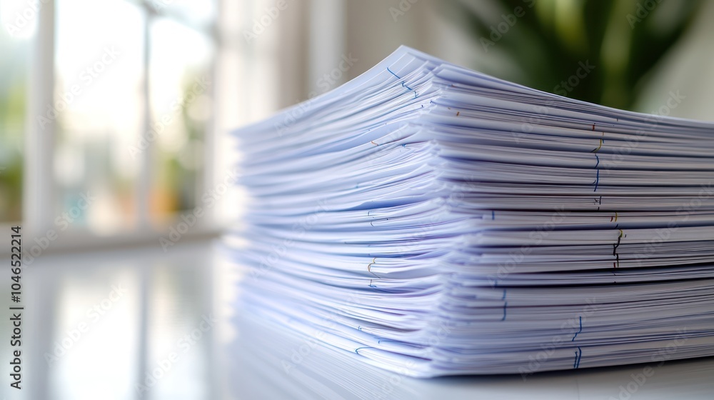 Poster a stack of neatly organized papers on a table.