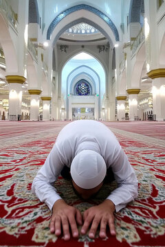 Muslim man praying in a mosque, performing sujood
