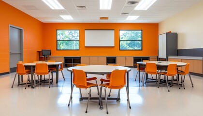 Bright and modern classroom interior featuring orange walls, round tables, and colorful chairs, designed for collaboration and creativity, promoting an engaging learning environmen