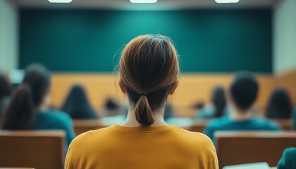 A person with long hair seated in a classroom, focused on the lesson. The environment is filled with students, conveying a sense of learning and engagement.