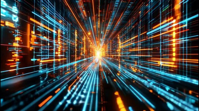 Abstract Digital Tunnel with Glowing Lines and Data Streams