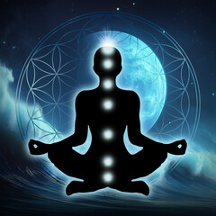 Human silhouette in yoga, lotus pose with 7 Chakras Symbols and Flower of Life. Human energy body, aura, supportive and peaceful poster, background wallpaper, for meditation and chakra energy healing.