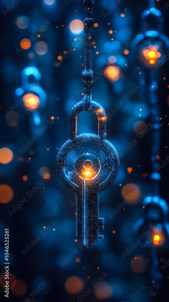 Poster advanced cybersecurity concept with interconnected digital locks and keys network