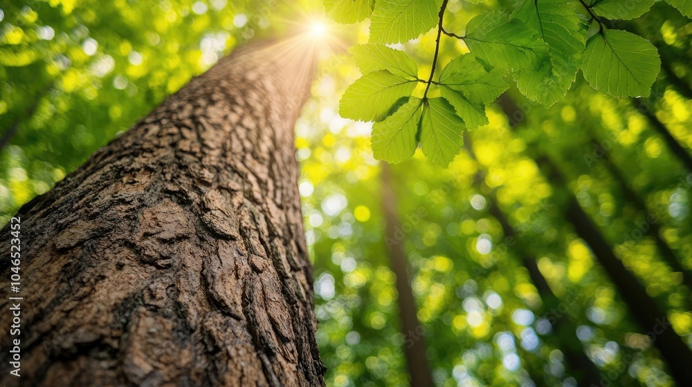 Poster tree trunk reaching towards sunlight in a lush green forest.