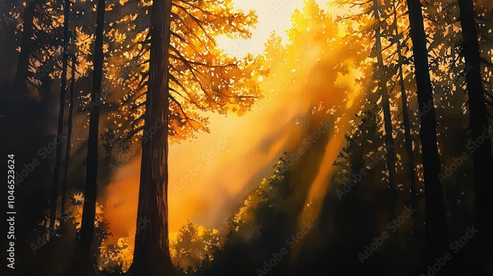 Poster golden light filtering through trees in a serene forest scene at dusk