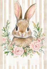 Cute rabbit illustration with flowers in a pastel setting perfect for spring decoration