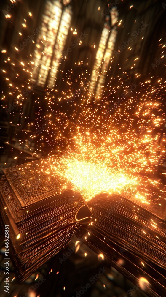 Poster a magical open book unleashing sparkling light in an enchanting setting
