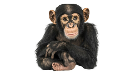 Fototapeta premium Curious young chimpanzee sitting calmly with a thoughtful expression in a neutral environment.