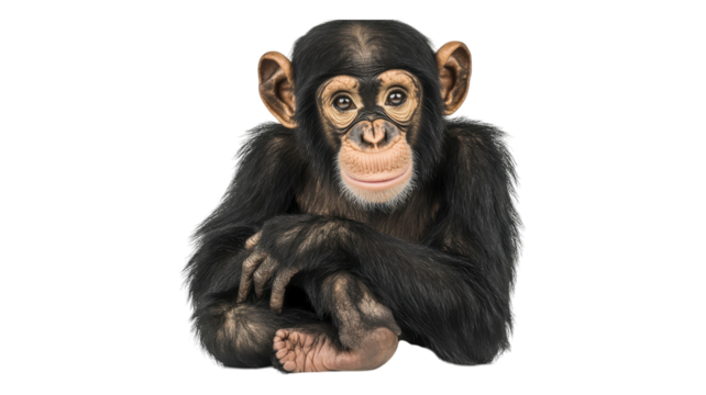 Curious young chimpanzee sitting calmly with a thoughtful expression in a neutral environment.