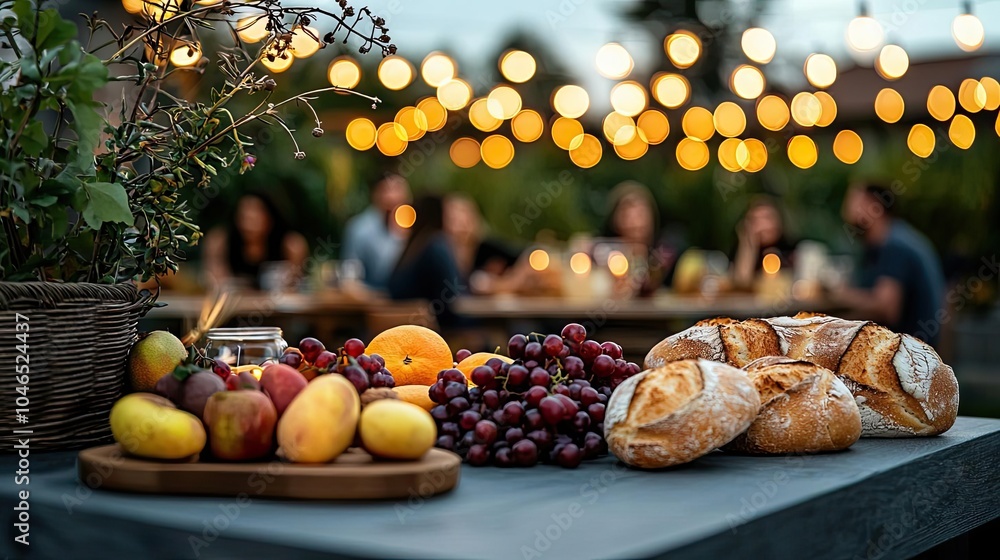 Poster outdoor dining setup with fruits and bread, soft bokeh lights in the background.