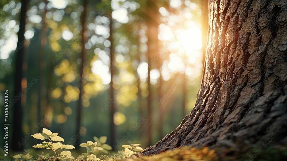 Poster Close-up of tree trunk with sunlight filtering through a serene forest.