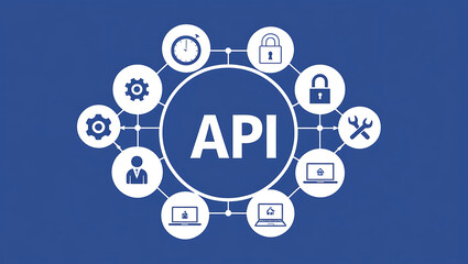 network diagram of  'API', API icons, Digital network, Blue background