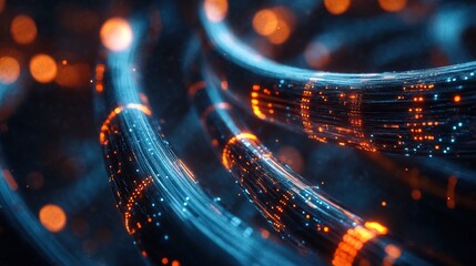 Futuristic fiber optic technology concept with glowing cables and data streams 