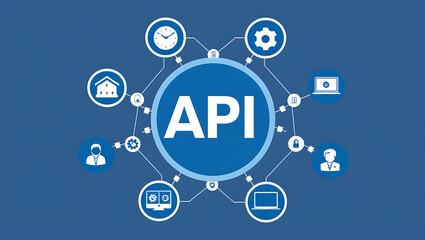 network diagram of  'API', API icons, Digital network, Blue background