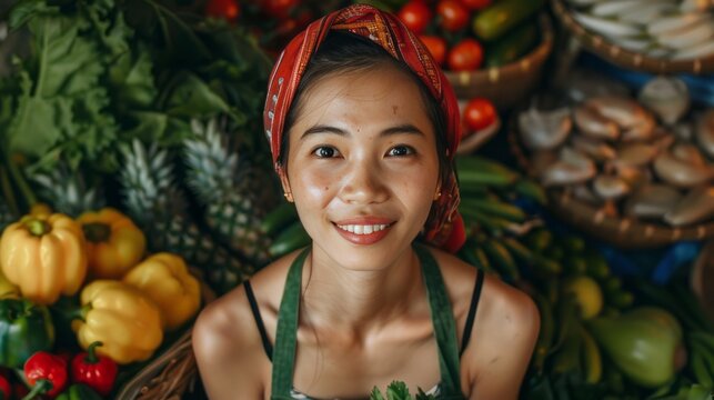Smiling woman at a market stall with fresh vegetables and fruits