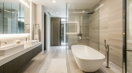 A sleek bathroom featuring a freestanding tub