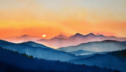 Obraz premium Minimal abstract sunset mountain landscape background; hand drawn painting on paper