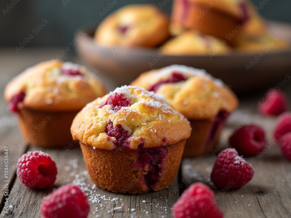 Poster freshly baked raspberry muffins, dusted with powdered sugar, sit invitingly on a rustic wooden table