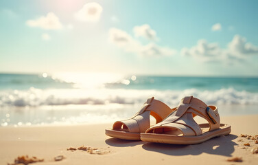 Obraz premium Chic sandals resting on sandy beach with ocean waves under a bright sky 