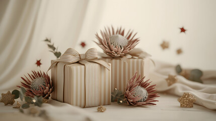 Elegant gift boxes tied with satin ribbon and adorned with protea flowers.