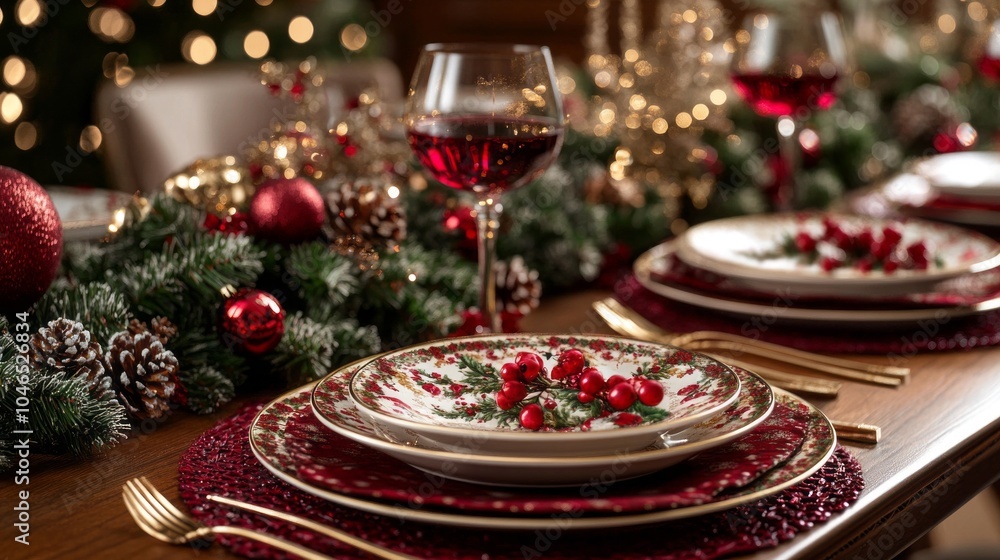 Poster a table with a christmas tree and a red and white tablecloth