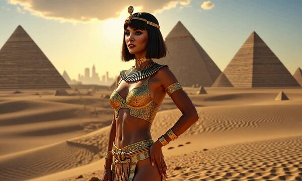 cleopatra standing in the pyramid