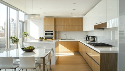Fototapeta premium Ashwood cabinet kitchen with stainless steel amenities and an integrated dining area.