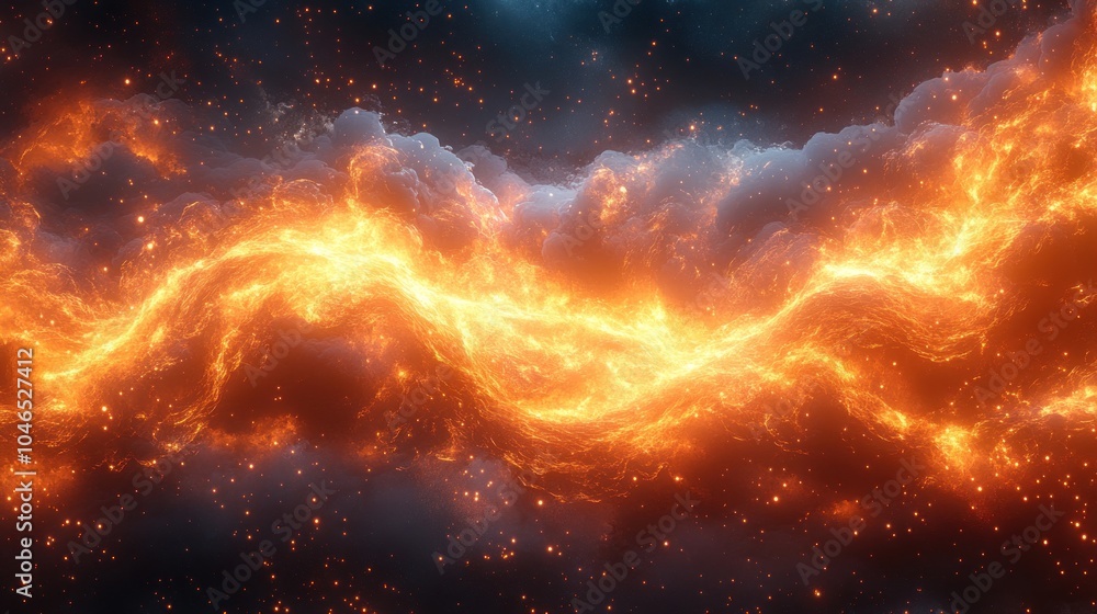 Poster abstract representation of fiery cosmic clouds in space.