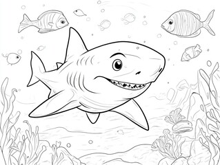 Cartoon shark swimming underwater with smaller fish and seaweed, drawn in black and white coloring book style