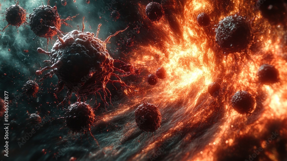 Poster abstract depiction of cellular structures amidst dynamic energy.