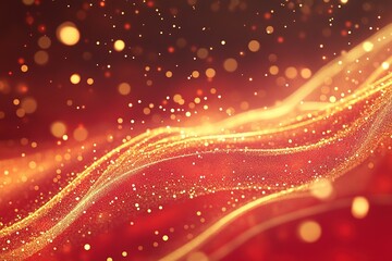 Abstract golden wave of glowing particles floating on a vibrant red background, creating a dynamic and festive atmosphere