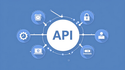 network diagram of  'API', API icons, Digital network, Blue background