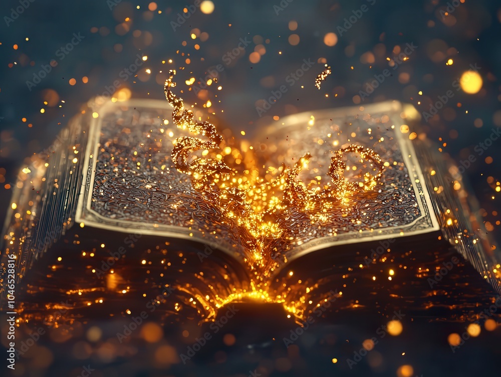 Poster the enchantment of an open book a journey through sparkling illumination and imagination