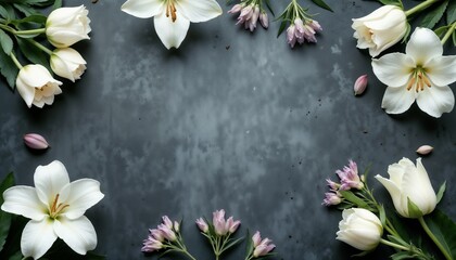 Beautiful floral arrangement of white lilies and purple flowers on dark stone background with copy space