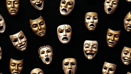 Artistic display of theatrical masks in various expressions on black background