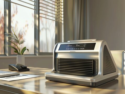 A 3D render of a modern digital dictation machine on a desk