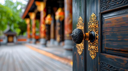 Intricate door knob at an ornate temple entrance