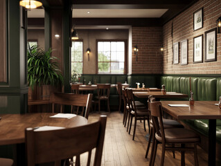 Cozy English countryside pub interior featuring wooden tables, green leather seating, and warm lighting. perfect setting for gatherings and celebrations