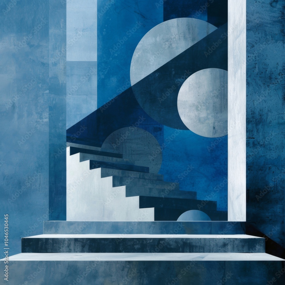 Poster abstract geometric staircase with blue and white circular elements, creating a modern architectural 