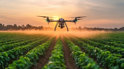 A drone dispersing fertilizer over green field. An industrial drone flies over a green field and sprays useful pesticides. Modern technologies in agriculture
