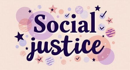 Fototapeta premium Social justice in purple and soft beige with bold typography, ballots, and check marks, symbolizing civic engagement for equality. Texture overlays enhance spatial complexity and visual hierarchy.