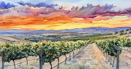 Fototapeta premium Vineyard Rows Sunset Over Valley Landscape Painting.