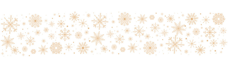 Gold snowflake wave border, winter holiday garland, falling golden snow and stars decoration isolated on white background. Template with a Christmas elements