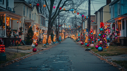 Obraz premium Christmas lights illuminate a quiet suburban street..