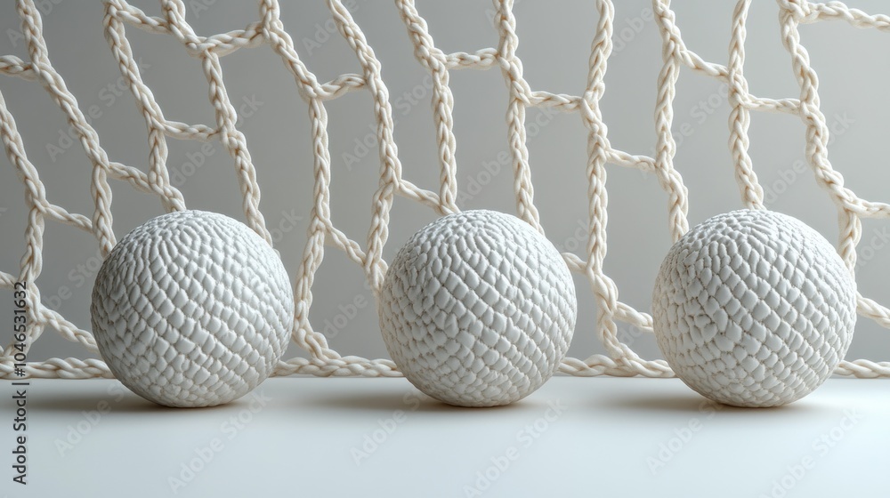 Poster three textured balls arranged against a net-like background.